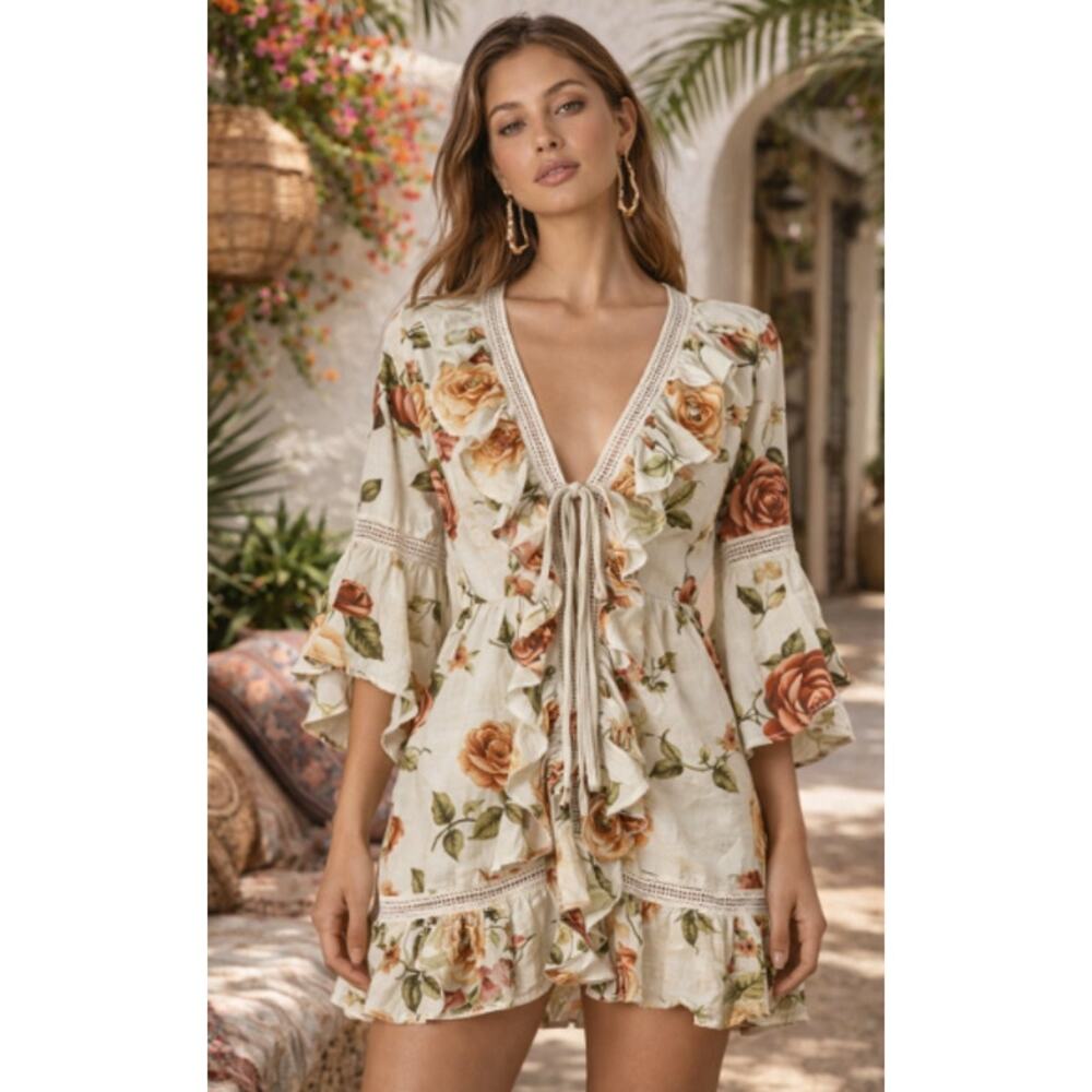 Empress Brasil Isabel Floral Ruffle Mini Dress Tie Front - One Size
